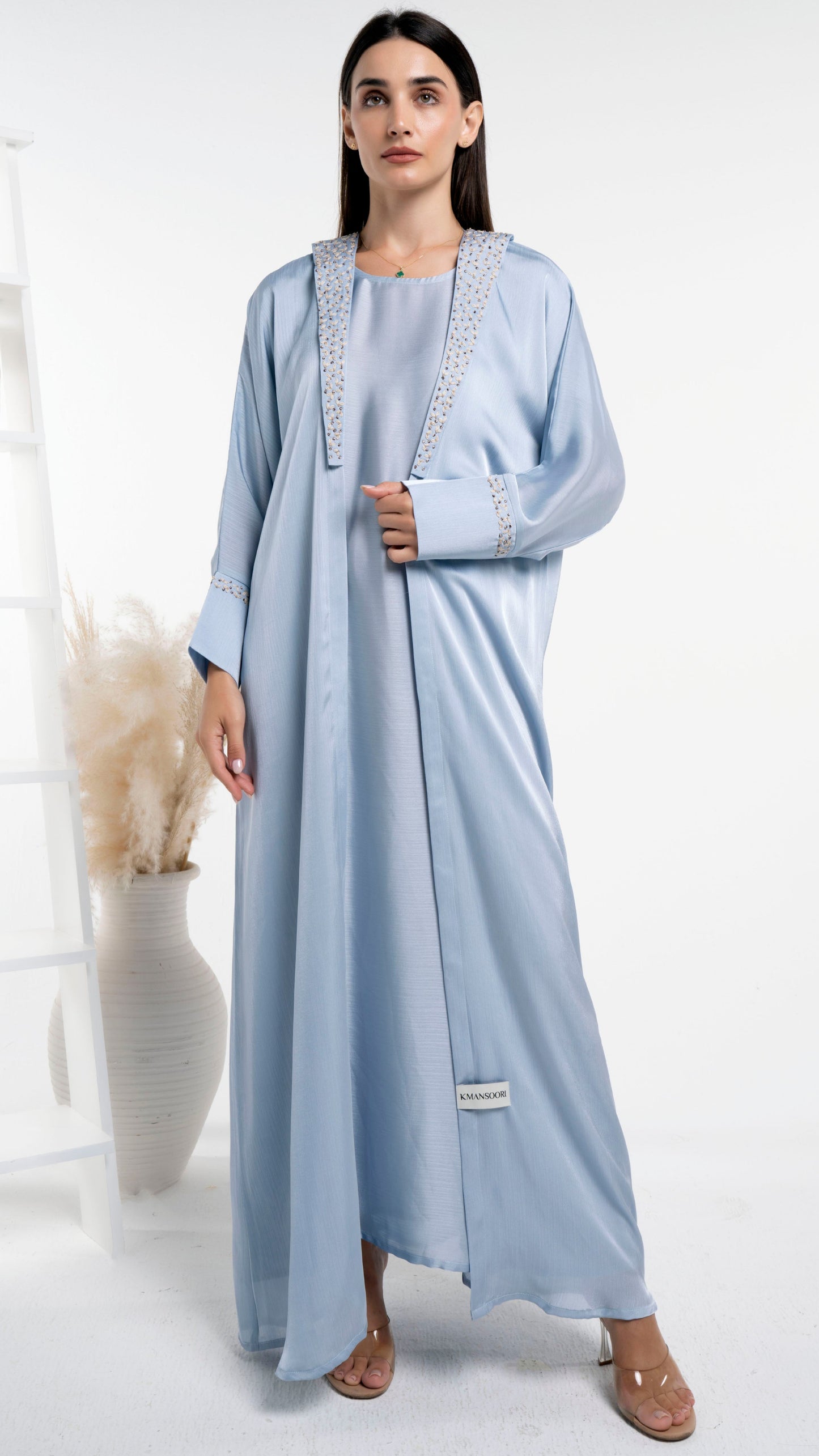 Silk satin abaya with white floral embroidery