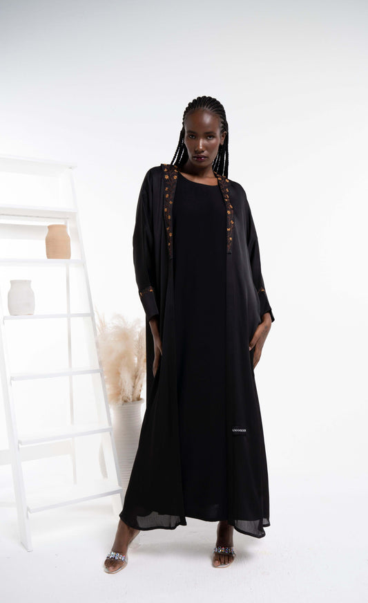 Black Soft Silk Satin Bisht Abaya With Floral Embroidery On Collar And Cuff Sleeves