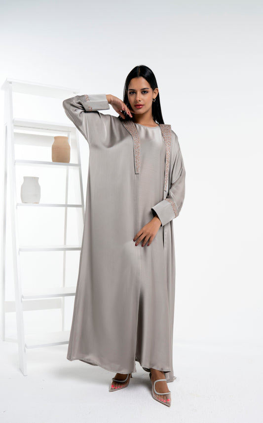 Soft Silk Satin Bisht Abaya With Floral Embroidery On Collar And Cuff Sleeves