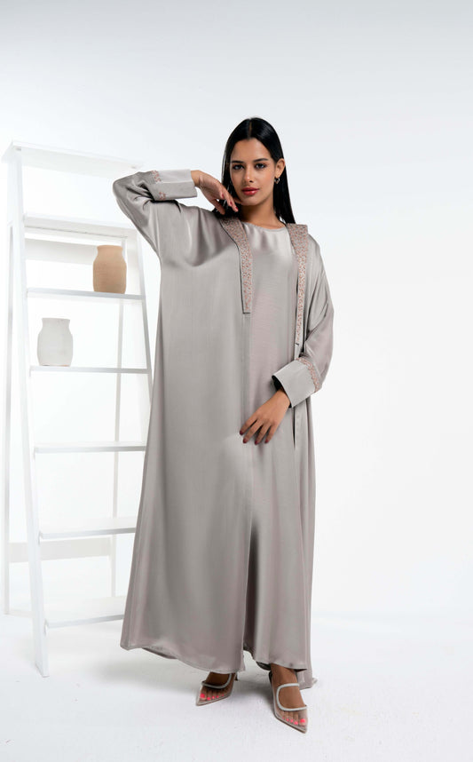Brown Soft Silk Satin Bisht Abaya With Floral Embroidery On Collar And Cuff Sleeves
