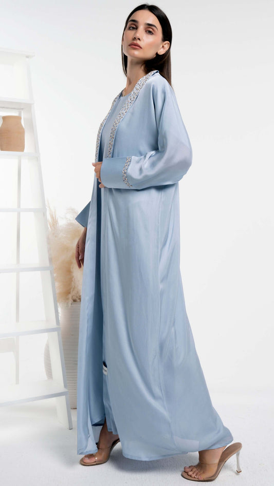 Silk satin abaya with white floral embroidery