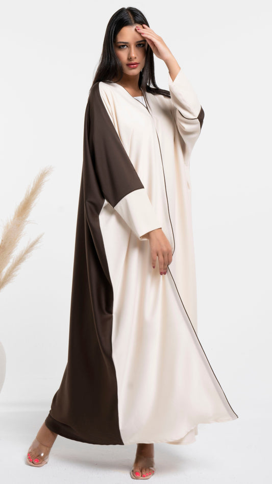 Side view of Bahraini style abaya with beige & dark brown color block