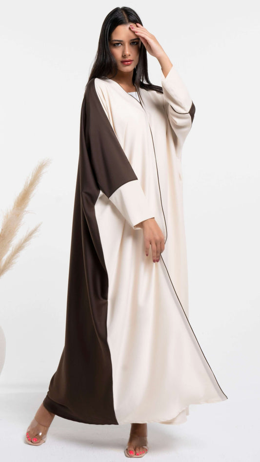 Side view of Bahraini style abaya with beige & dark brown color block