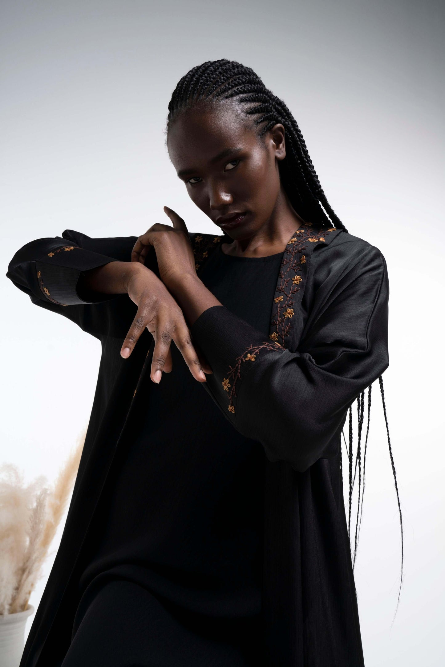 Black Soft Silk Satin Bisht Abaya With Floral Embroidery On Collar And Cuff Sleeves