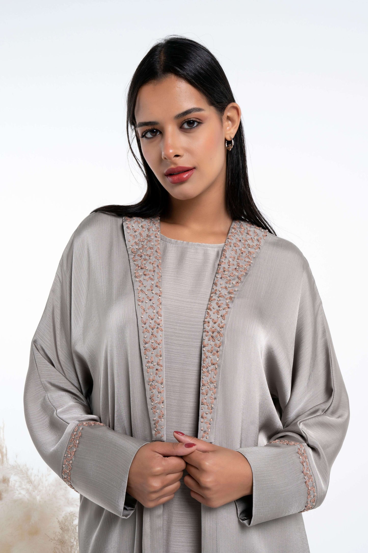 Brown Soft Silk Satin Bisht Abaya With Floral Embroidery On Collar And Cuff Sleeves