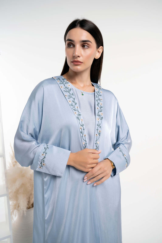 Firozi Soft Silk Satin Bisht Abaya With Floral Embroidery On Collar And Cuff Sleeves