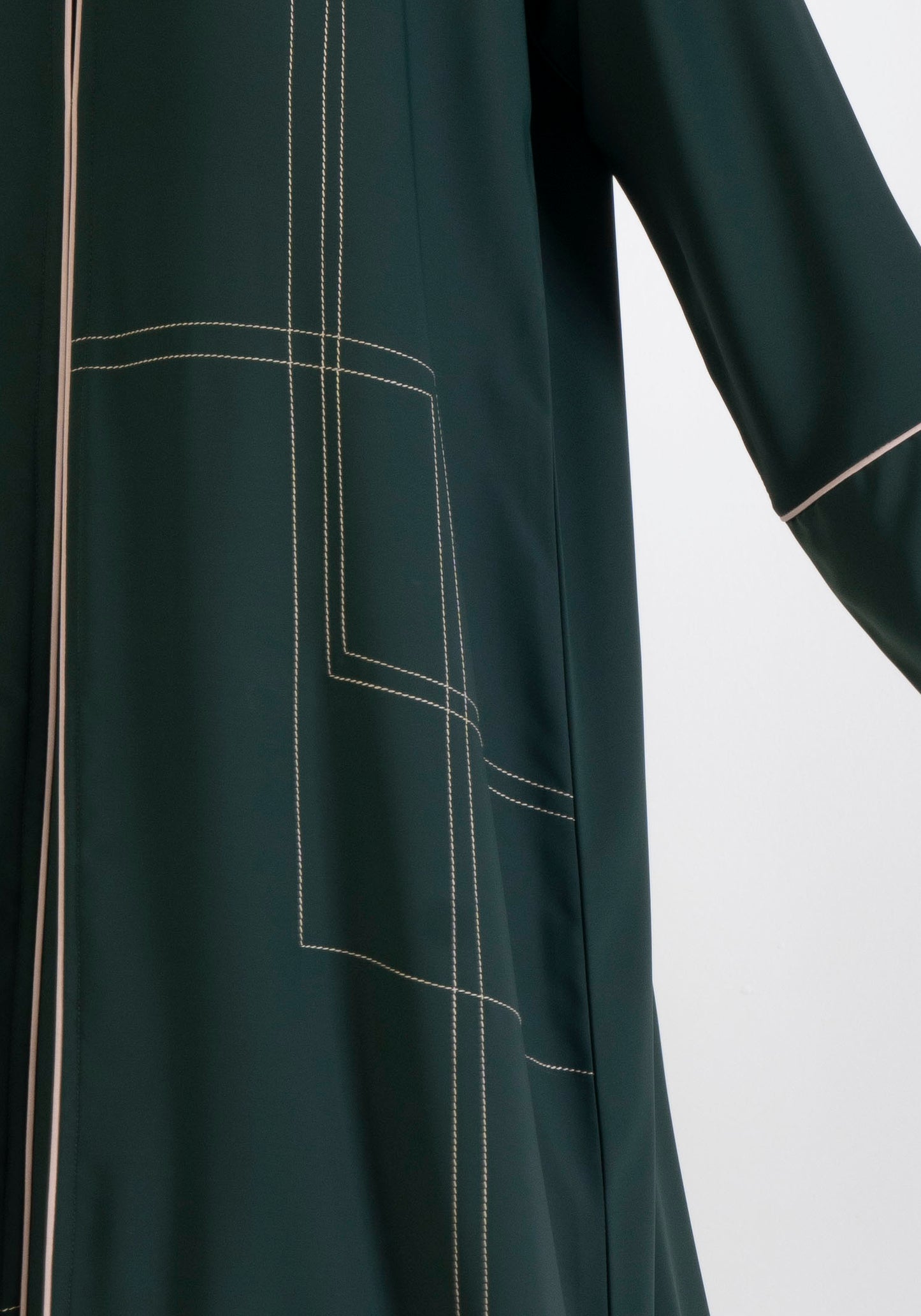 Green Abaya With Beige Color Geometrical Stich Line And Piping