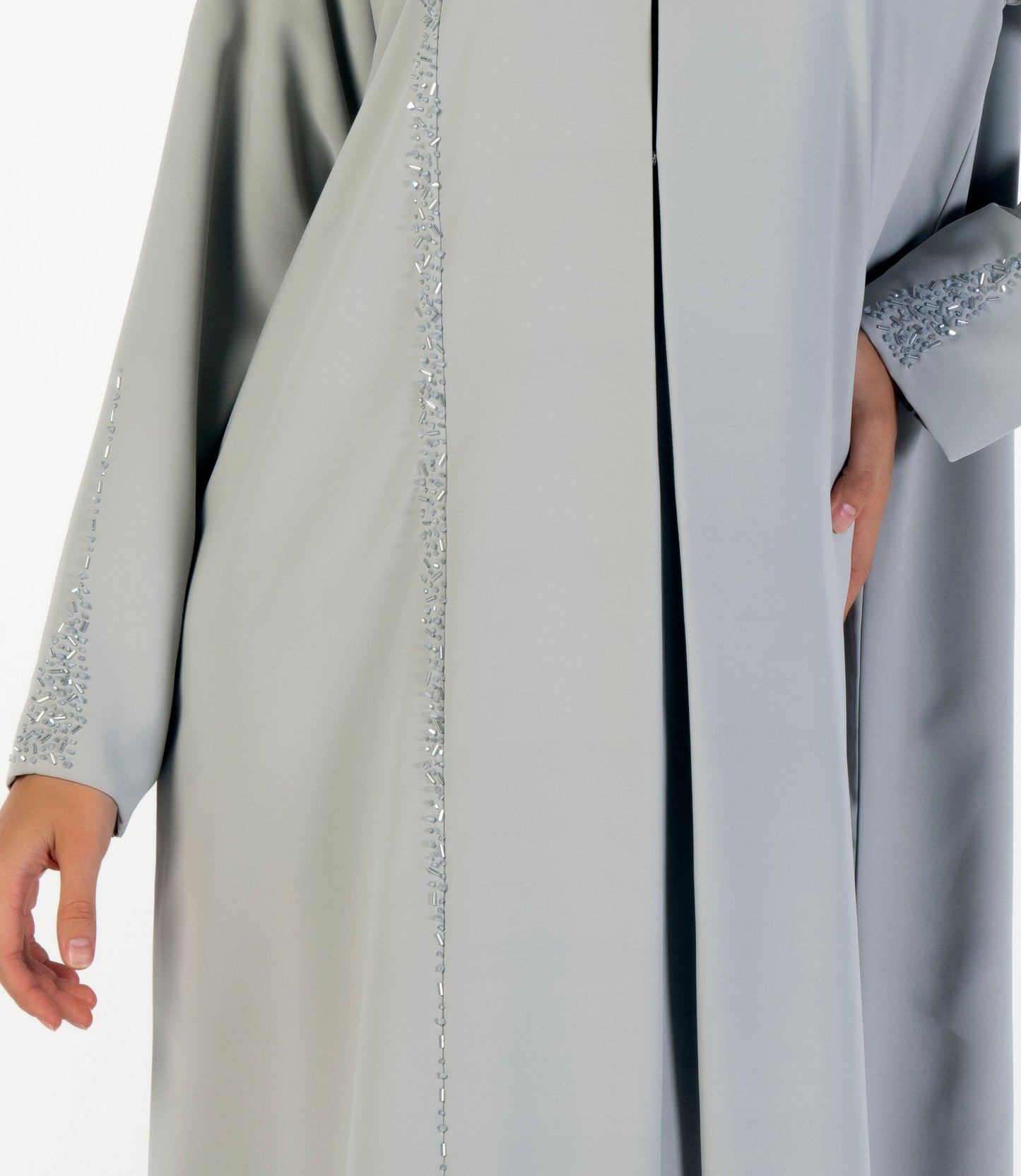 Soft Fabric Abaya With Elegant Curve Line Pattern Bead Work On Front