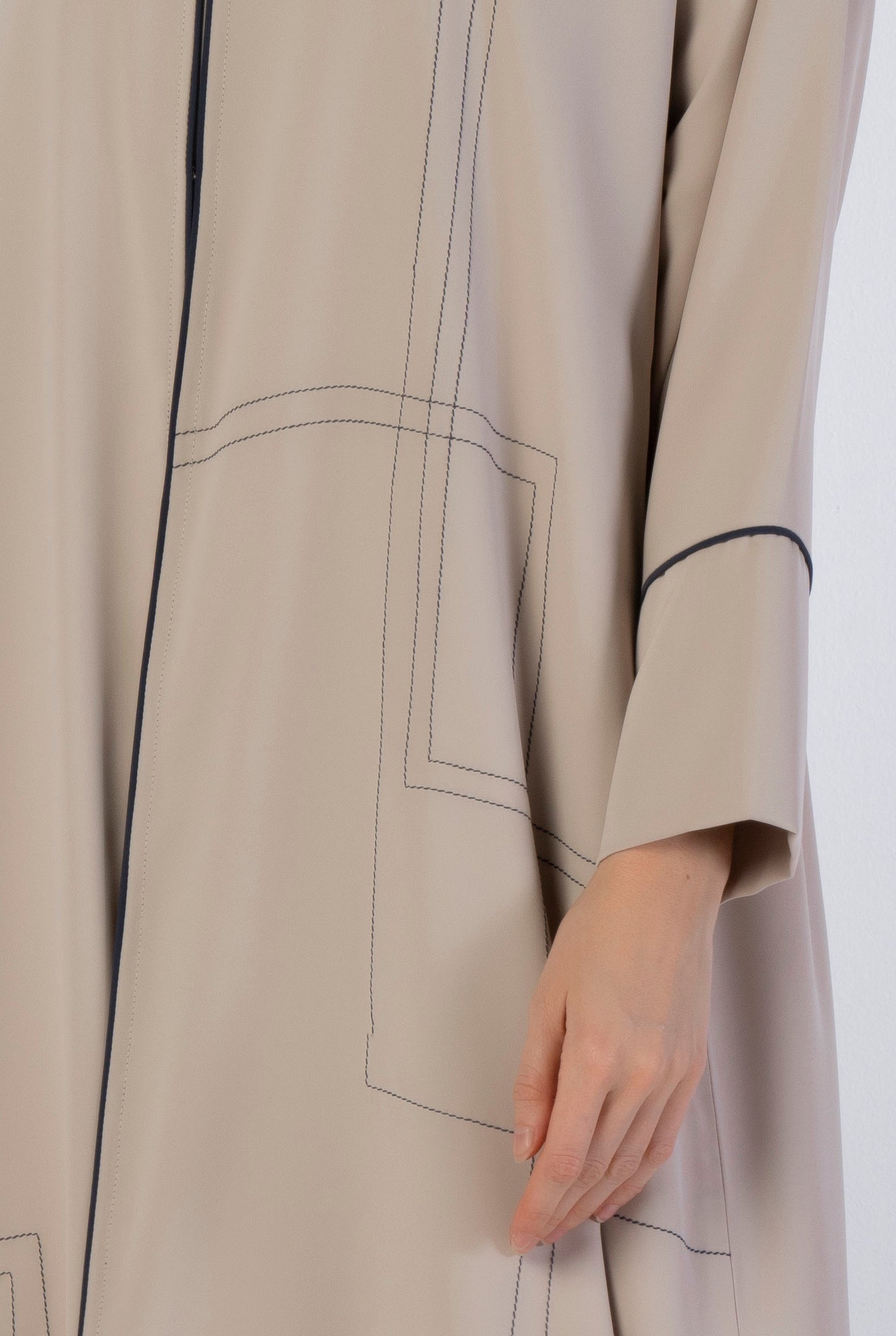 Beige Abaya With Blue Color Geometrical Stich Line And Piping
