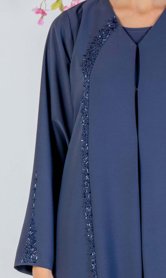 Blue Soft Fabric Abaya With Elegant Curve Line Pattern Bead Work On Front