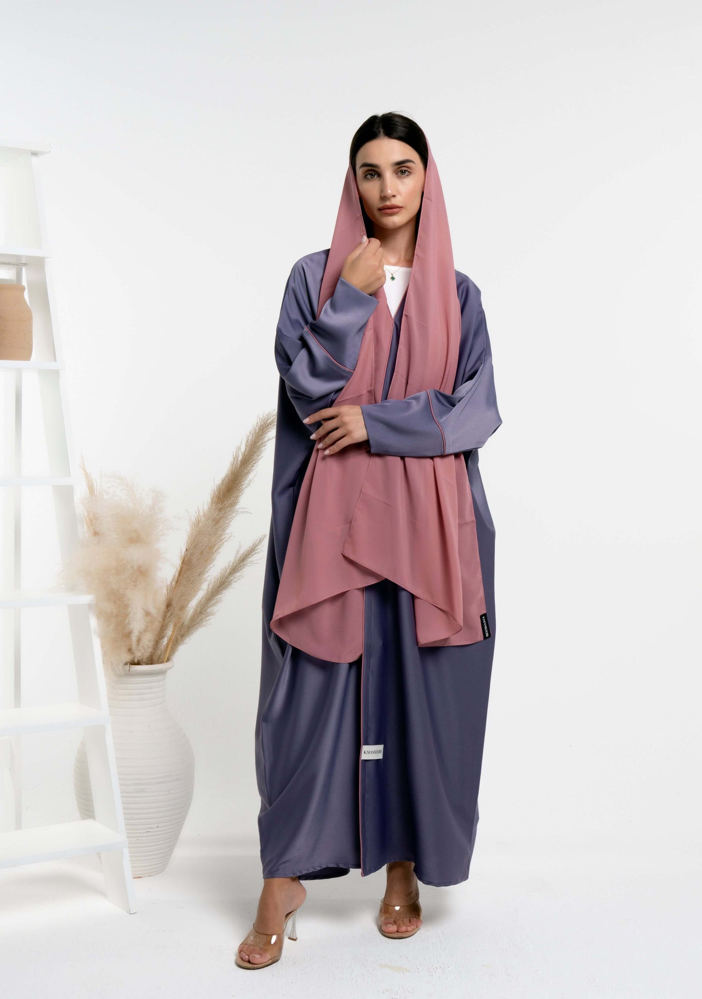 Bahraini Style Purple Abaya With Contrast Colour Piping Detail In Front And Cuff Sleeve