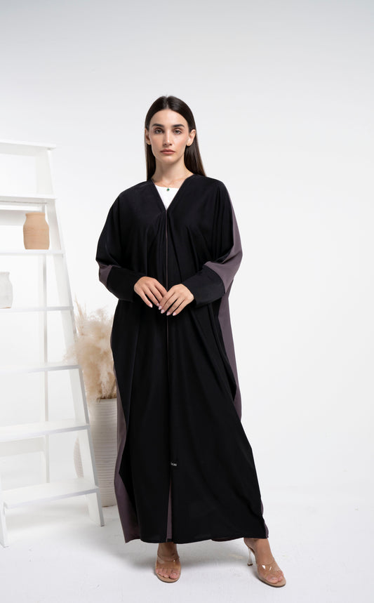 Bahraini style black & brown color block abaya with front line piping detail
