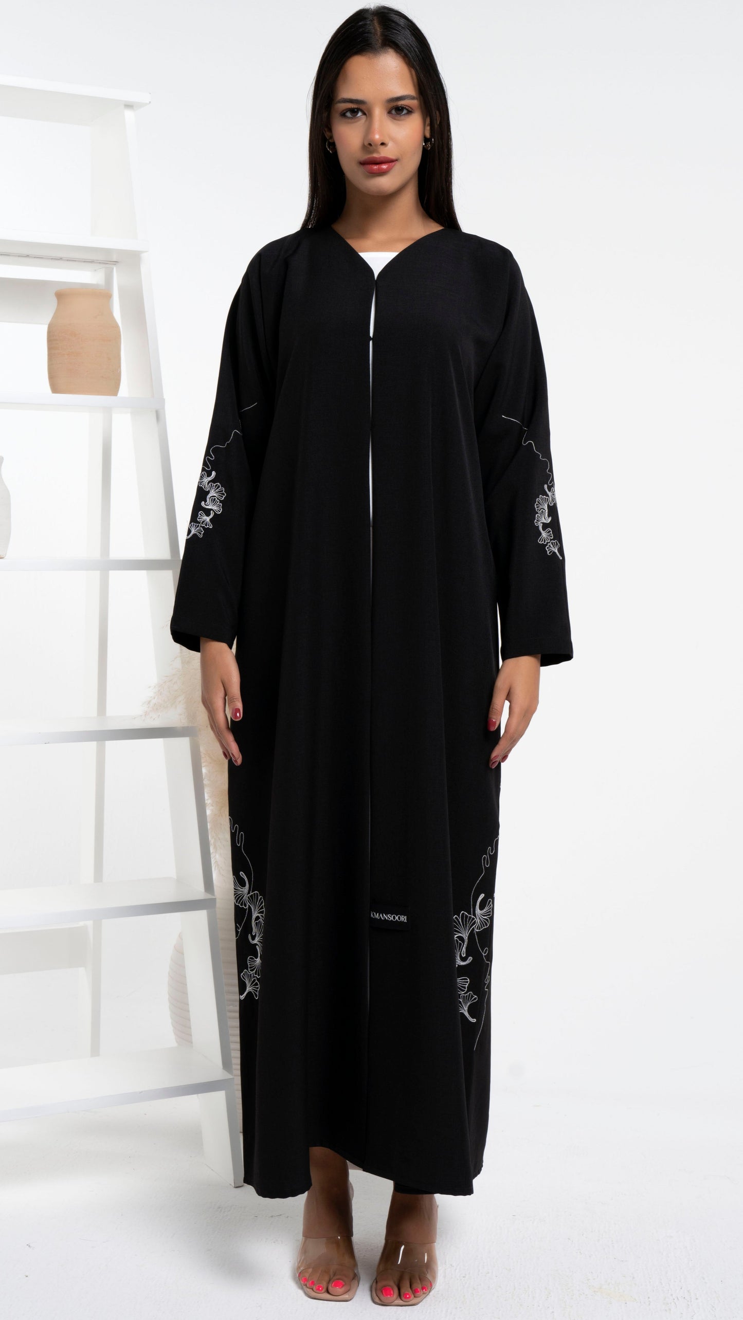Black abaya for women with white floral embroidery