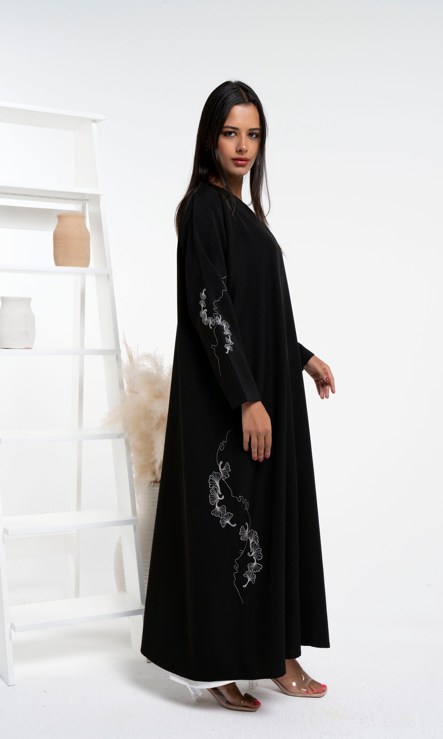 White floral embroidered black abaya for women