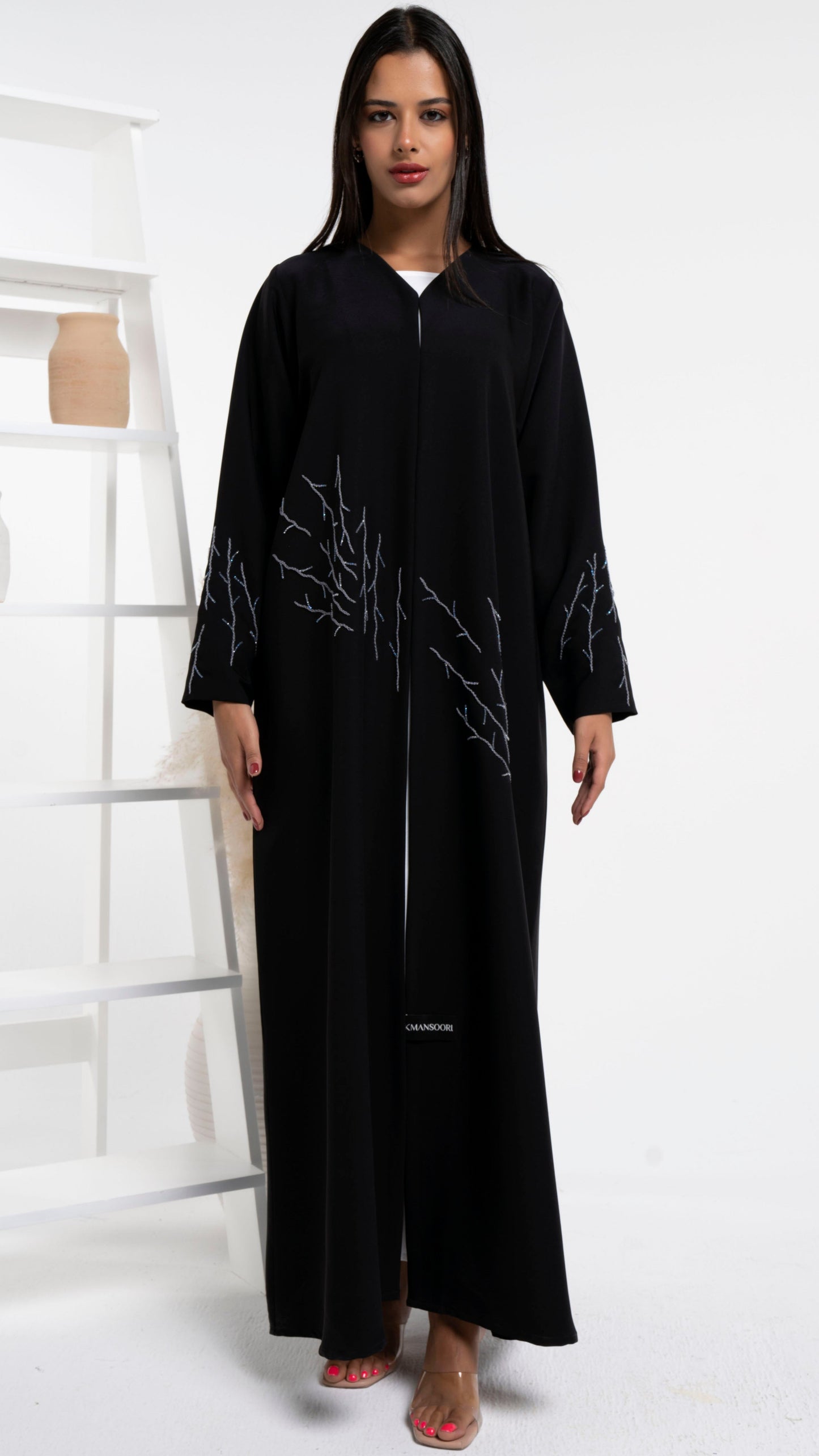 Elegant thread embroidery black abaya with bead detailing