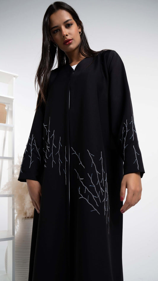 Black abaya with thread embroidery for sale