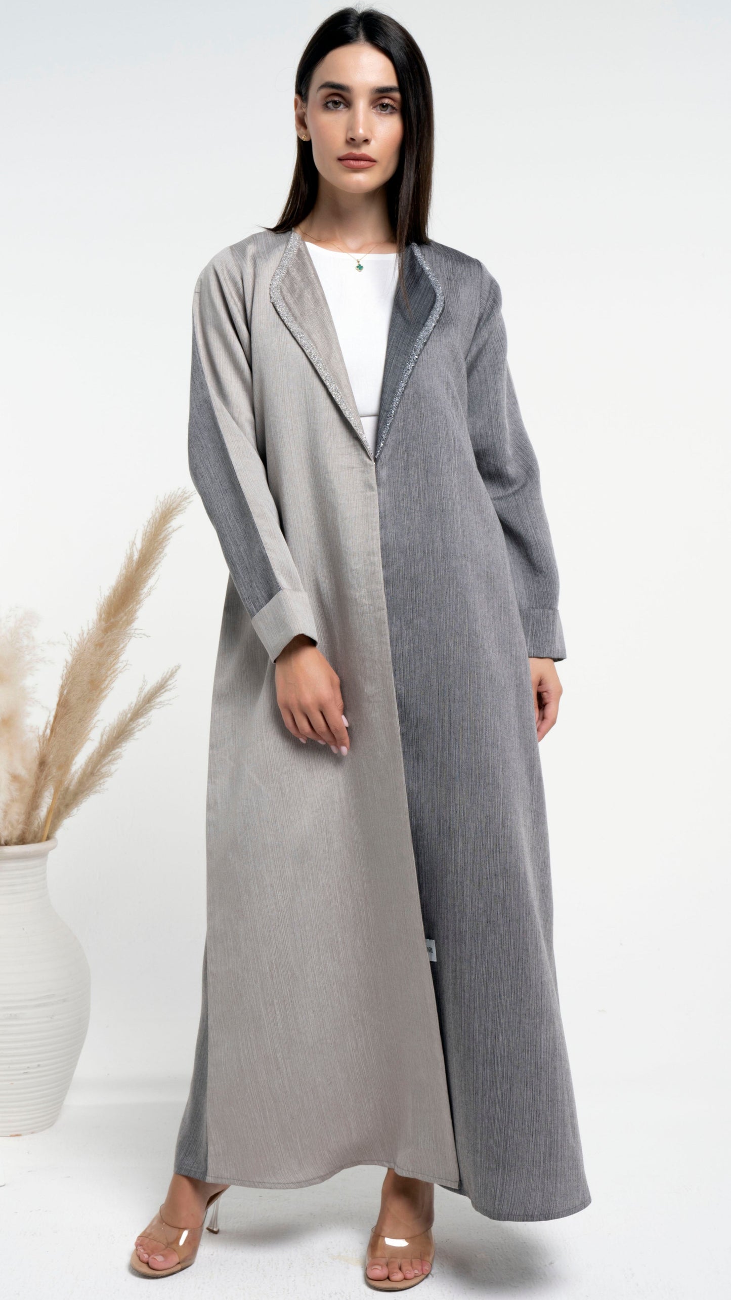 Beige & Grey Color Block Abaya with handwork collar design and fold sleeves.