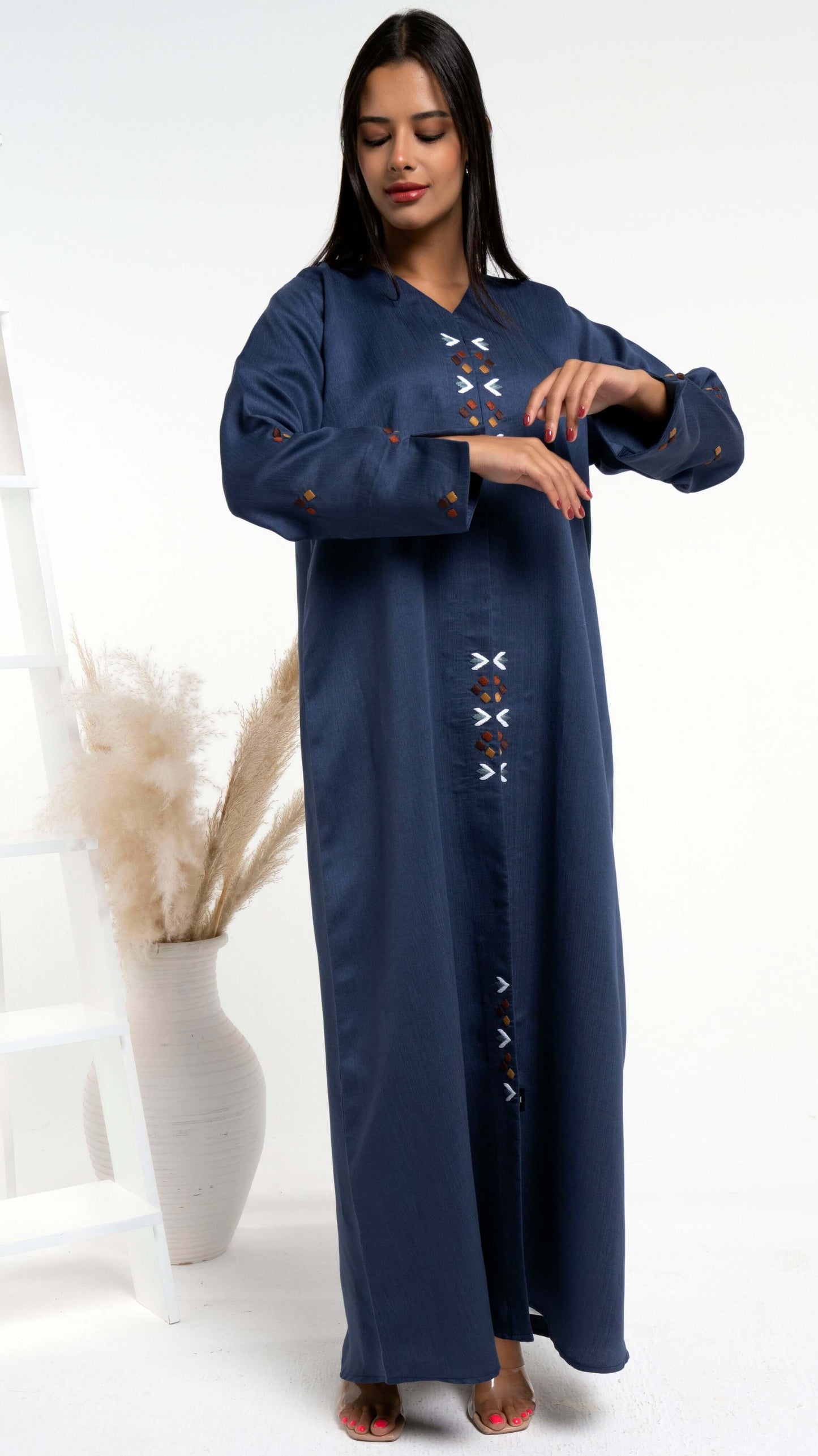 Blue abaya with thread embroidery on frontline and sleeves