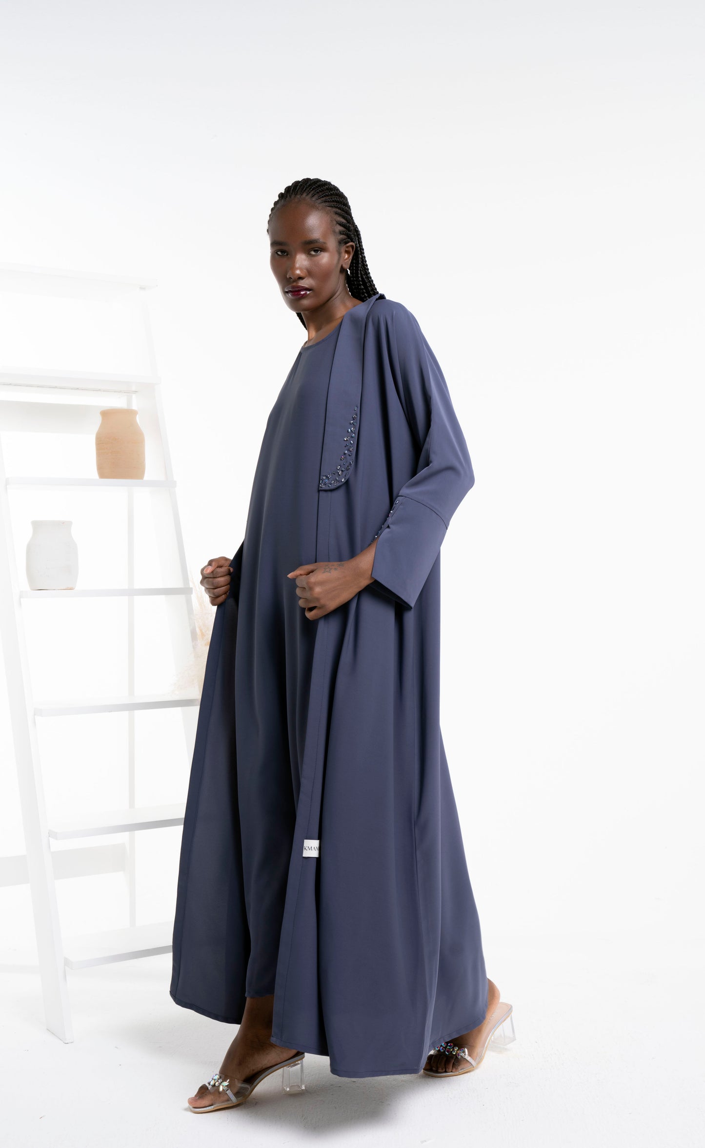 Bisht abaya with bead work on collar and cross pattern sleeves for sale