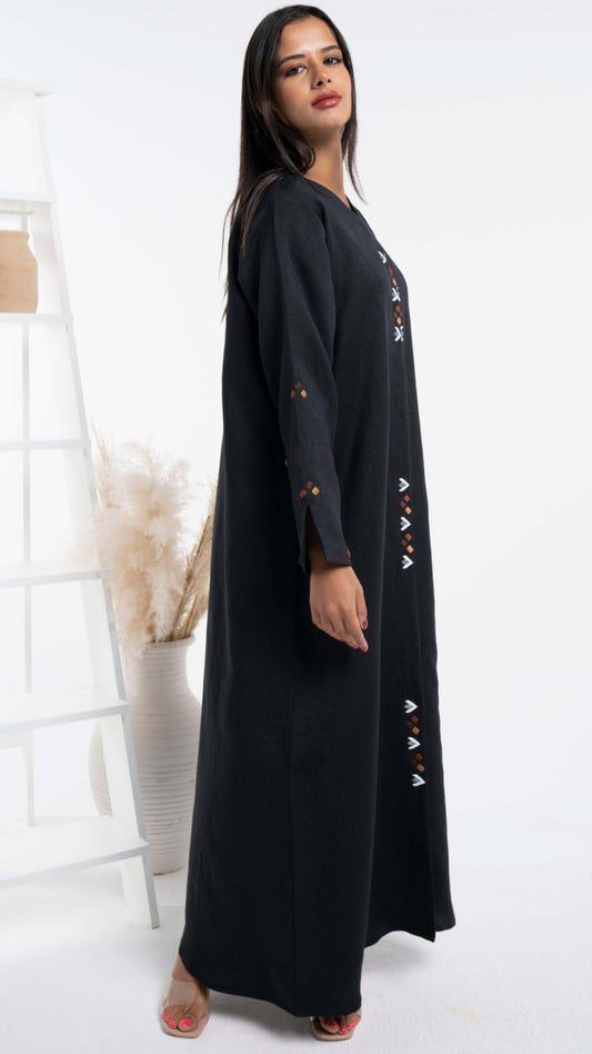 Black abaya with thread embroidery on frontline and sleeves