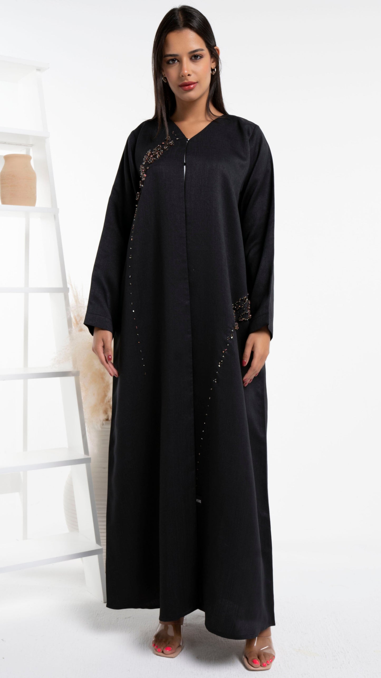 Black abaya with brown bead detailing on front and side
