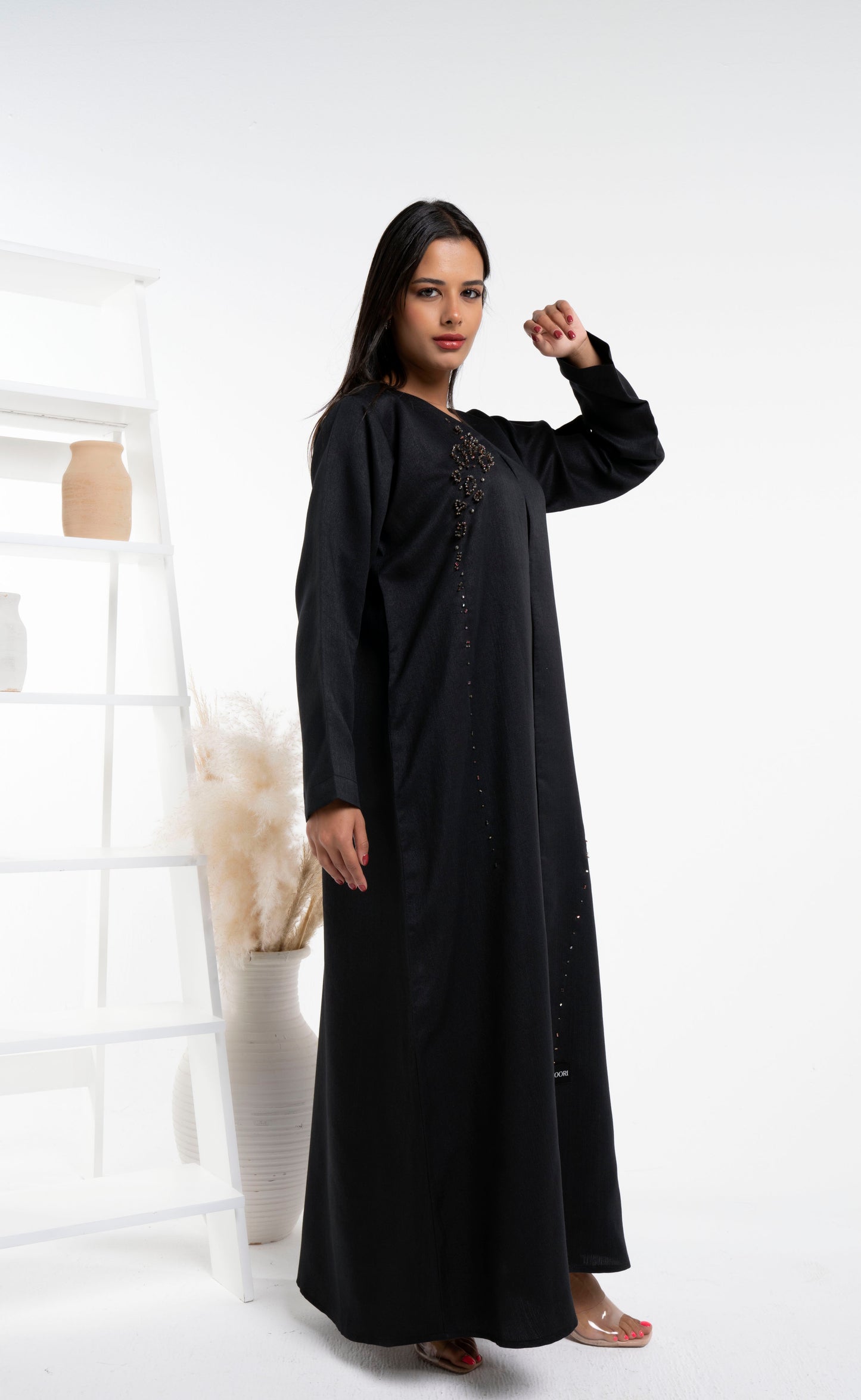 Black abaya with stylish brown bead detailing