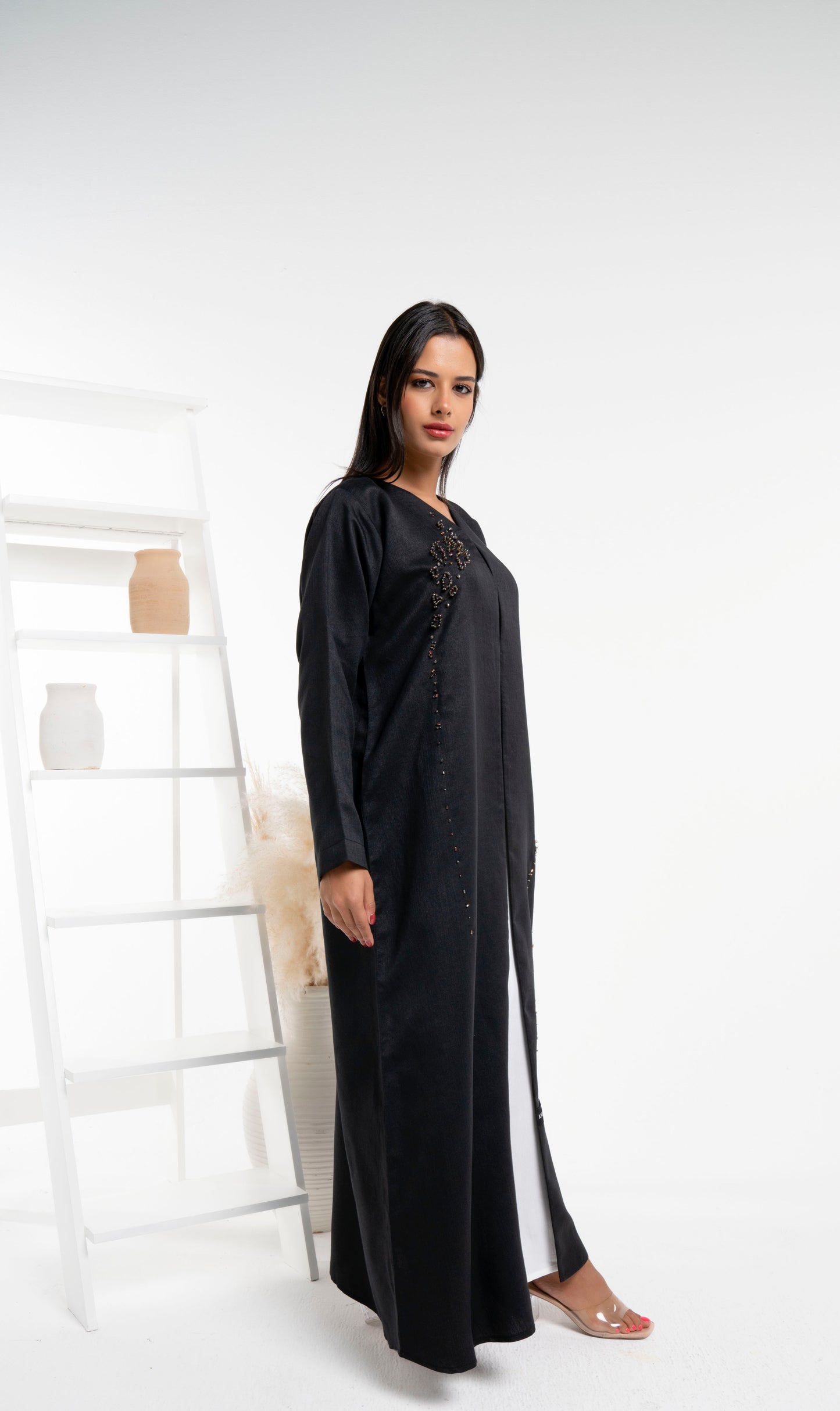 Black abaya with stylish brown bead detailing