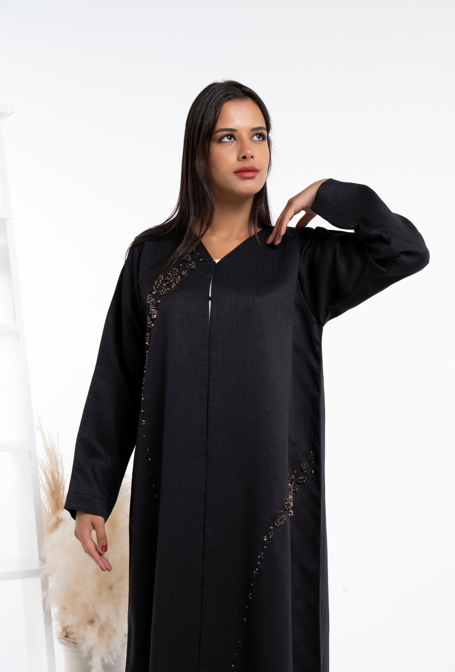 Black abaya with stylish brown bead detail