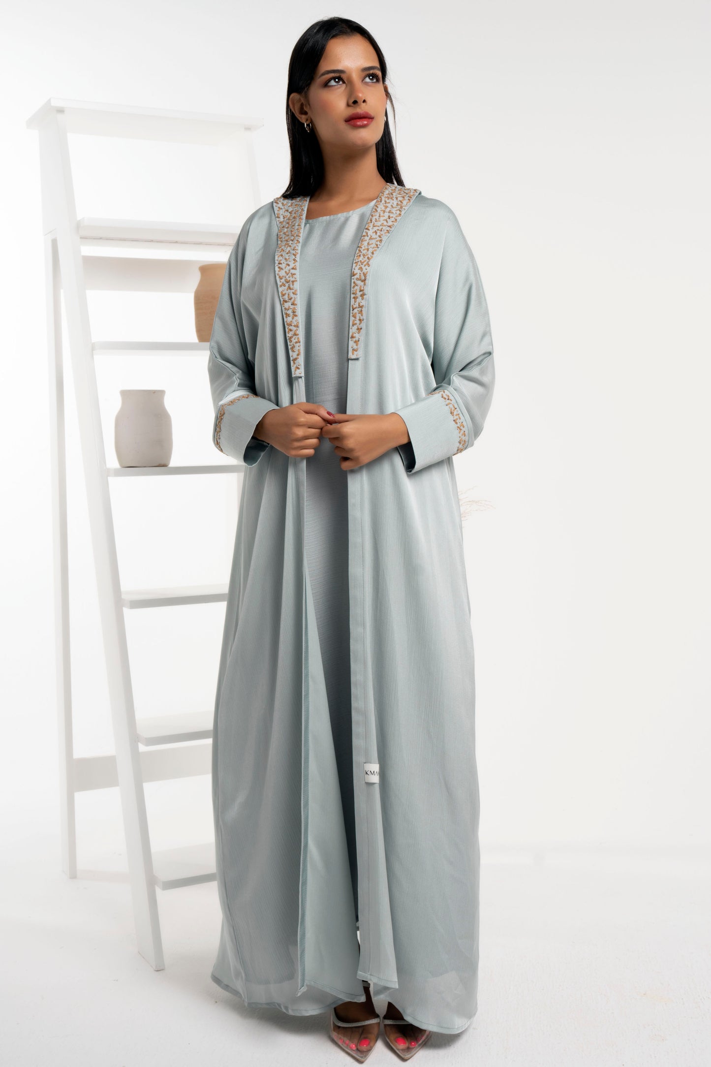 Soft Silk Satin Bisht Abaya With Floral Embroidery On Collar And Cuff Sleeves