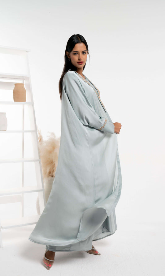 Sea Green Soft Silk Satin Bisht Abaya With Floral Embroidery On Collar And Cuff Sleeves