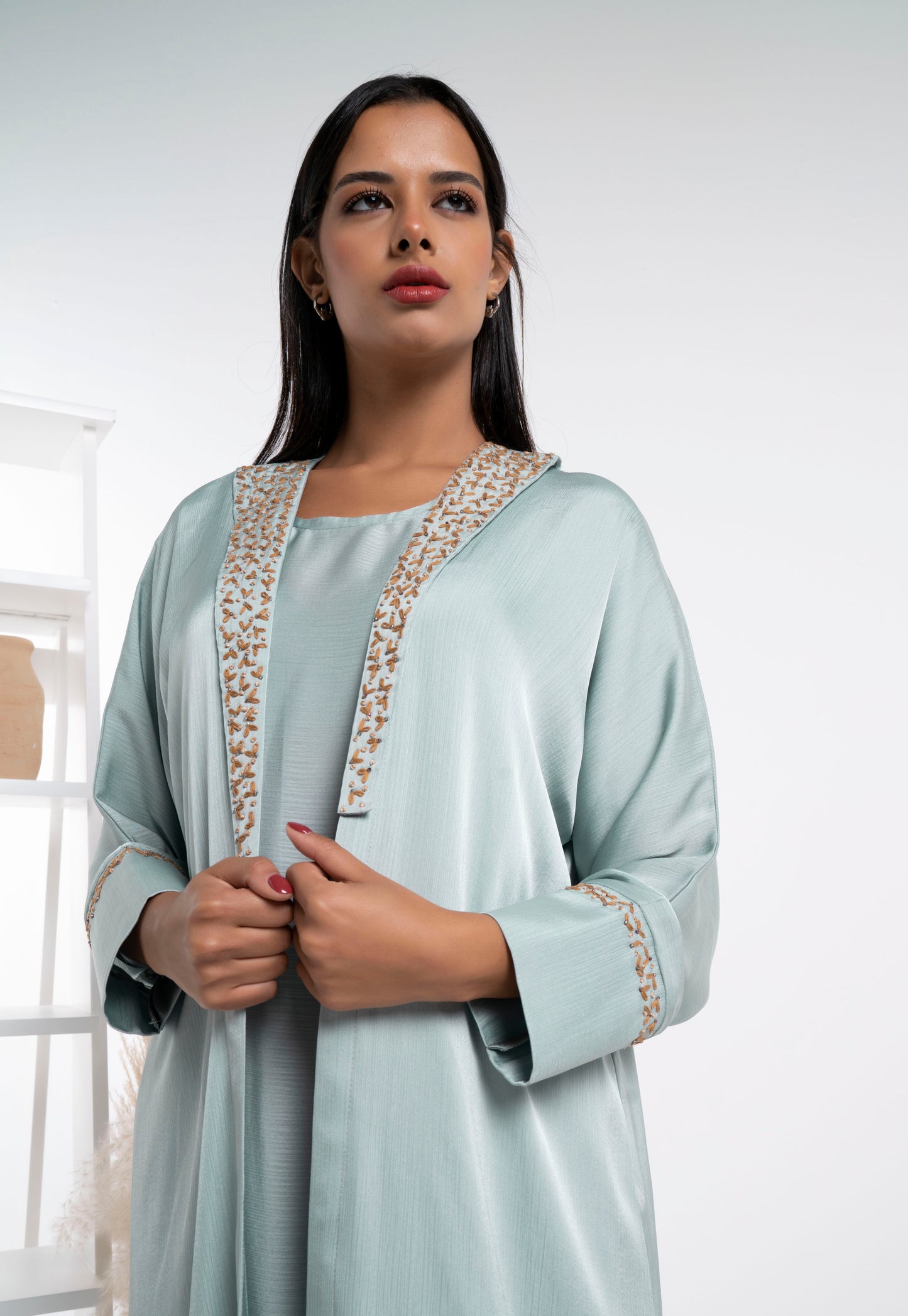 Soft Silk Satin Bisht Abaya With Floral Embroidery On Collar And Cuff Sleeves