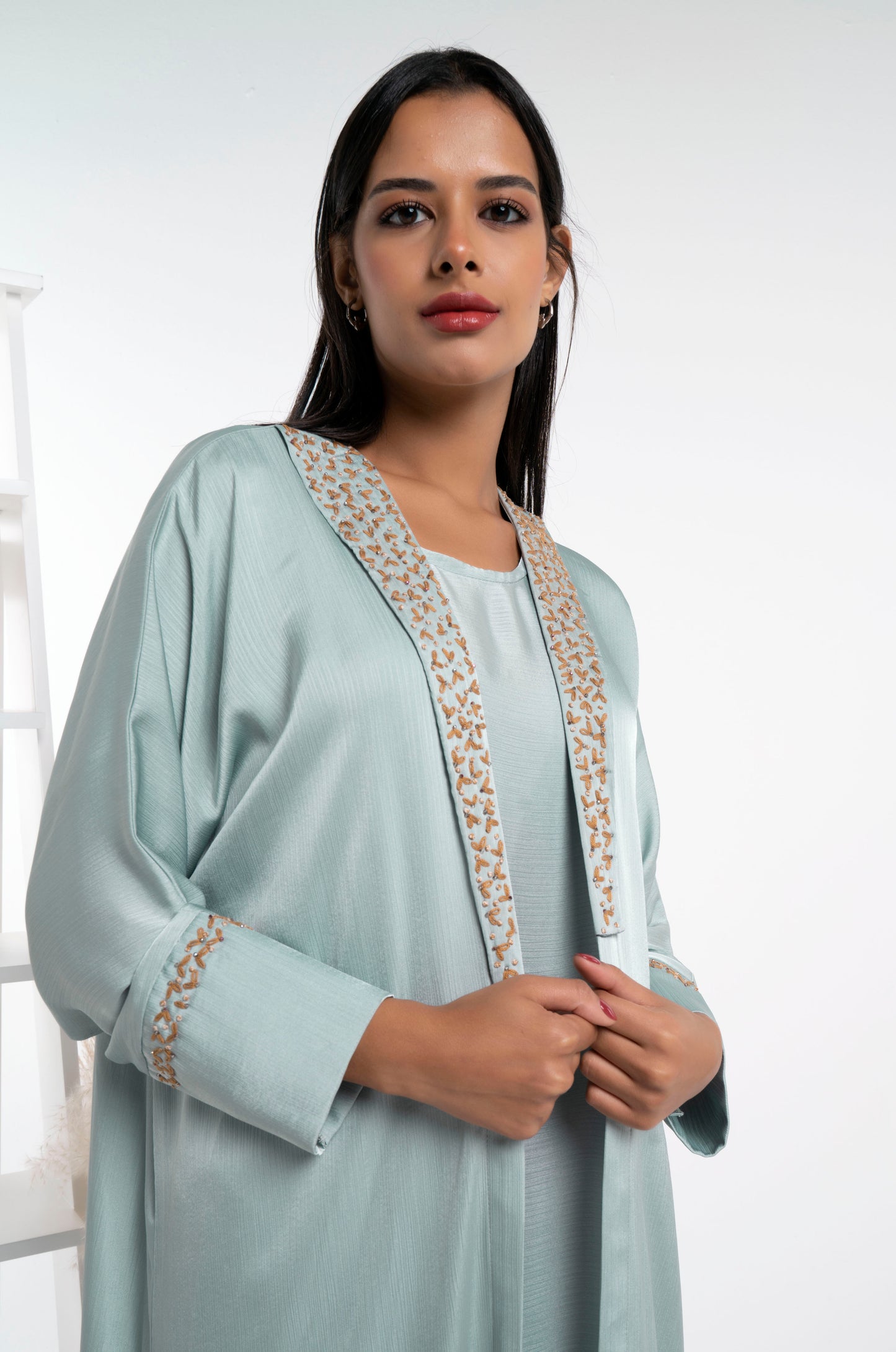Soft Silk Satin Bisht Abaya With Floral Embroidery On Collar And Cuff Sleeves