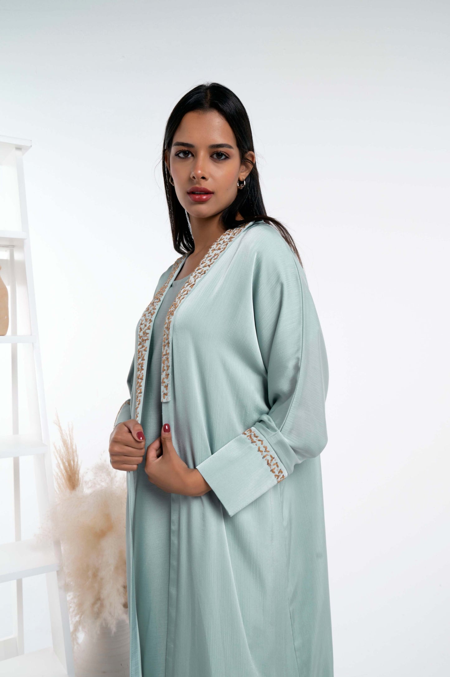 Sea Green Soft Silk Satin Bisht Abaya With Floral Embroidery On Collar And Cuff Sleeves
