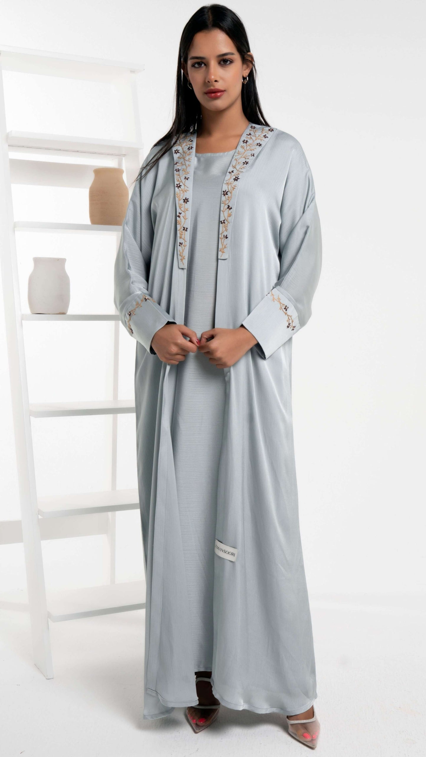 Silk satin abaya with floral embroidery on collar and cuff sleeves
