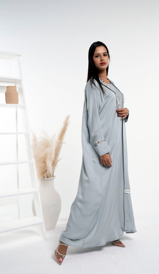 Soft Silk Satin Bisht Abaya With Floral Embroidery On Collar And Cuff Sleeves