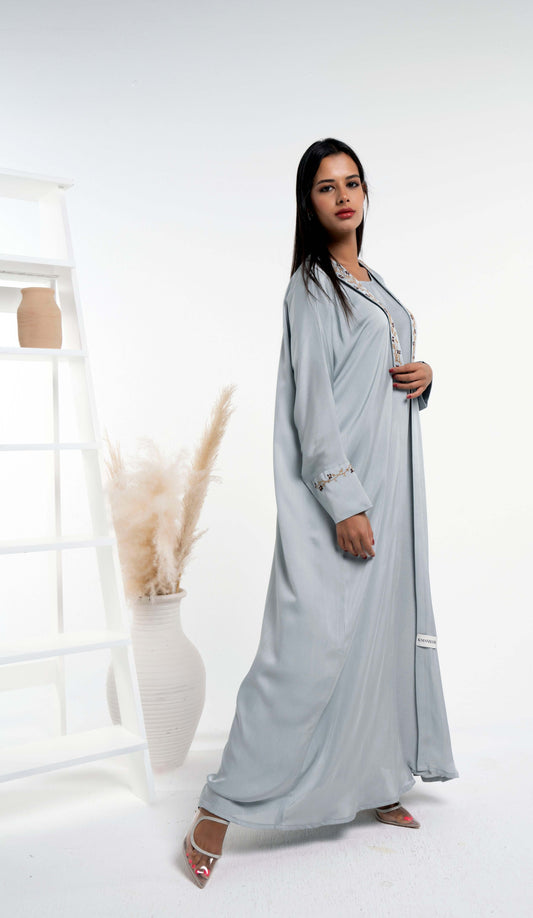 Soft Silk Satin Bisht Sea Green Abaya With Floral Embroidery On Collar And Cuff Sleeves