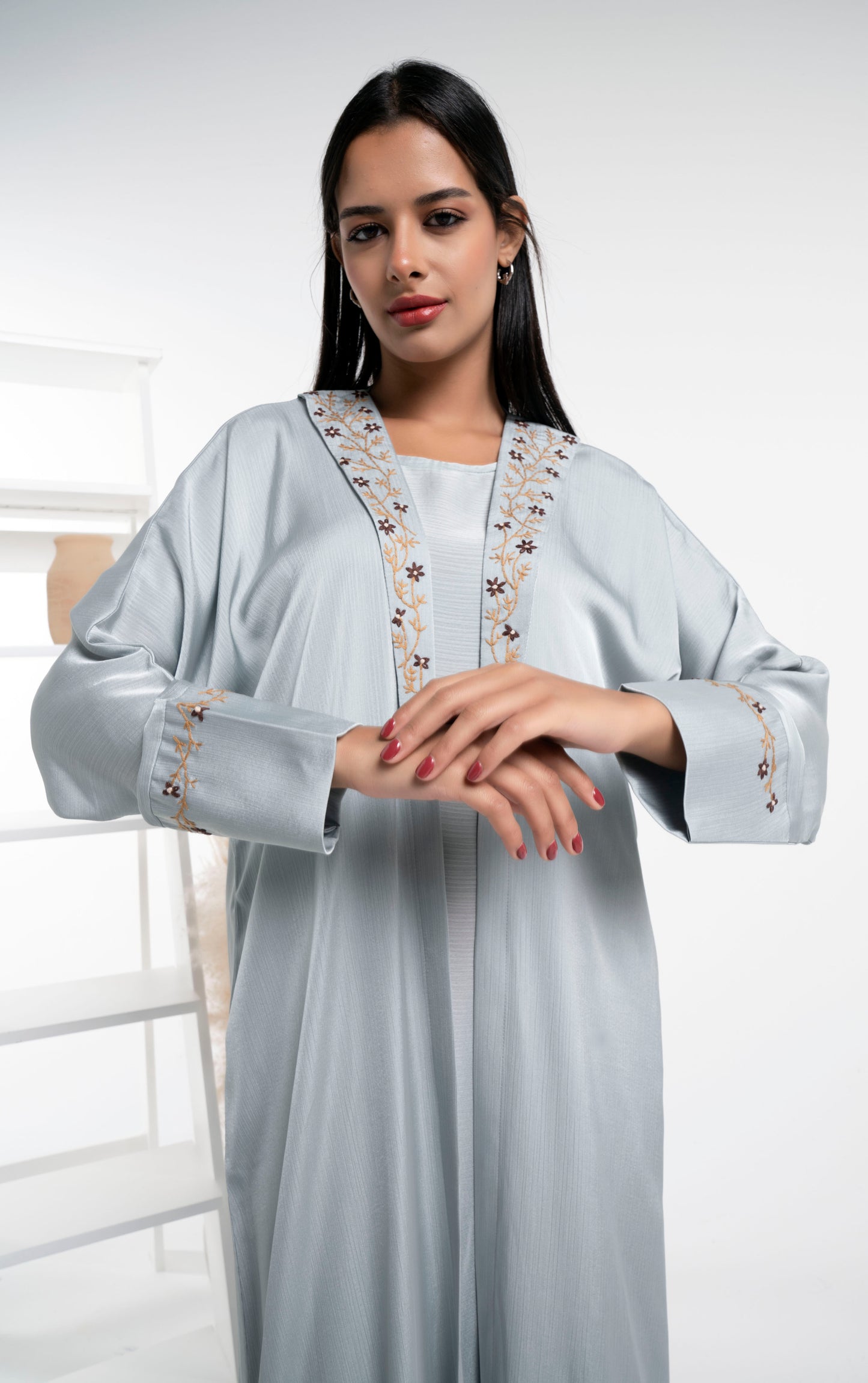 Sea Green abaya with floral embroidery on collar and cuff sleeves