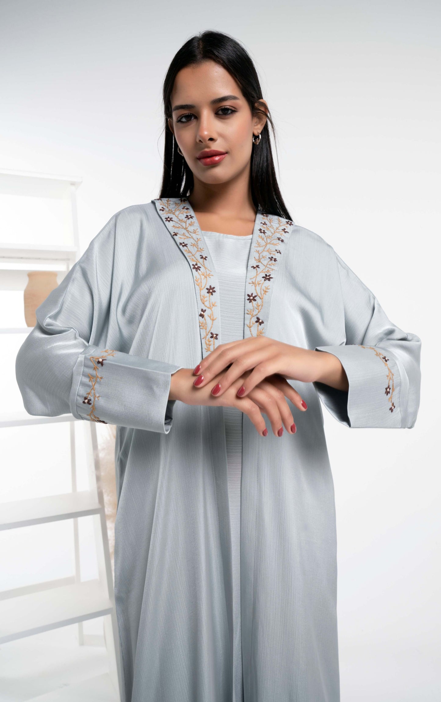 Soft Silk Satin Bisht Sea Green Abaya With Floral Embroidery On Collar And Cuff Sleeves