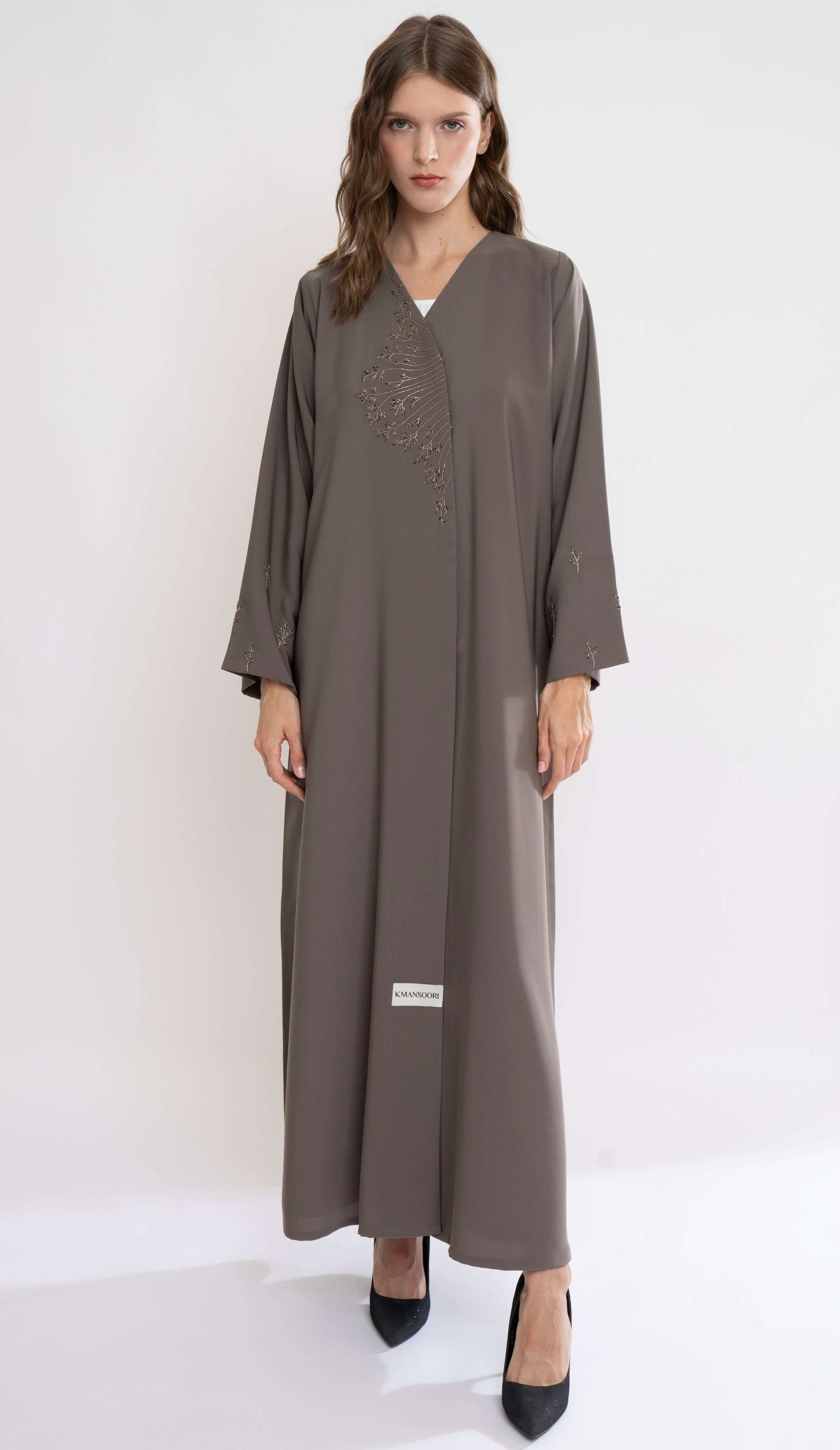 Overlap Beige Abaya With Floral Handwork Detailing