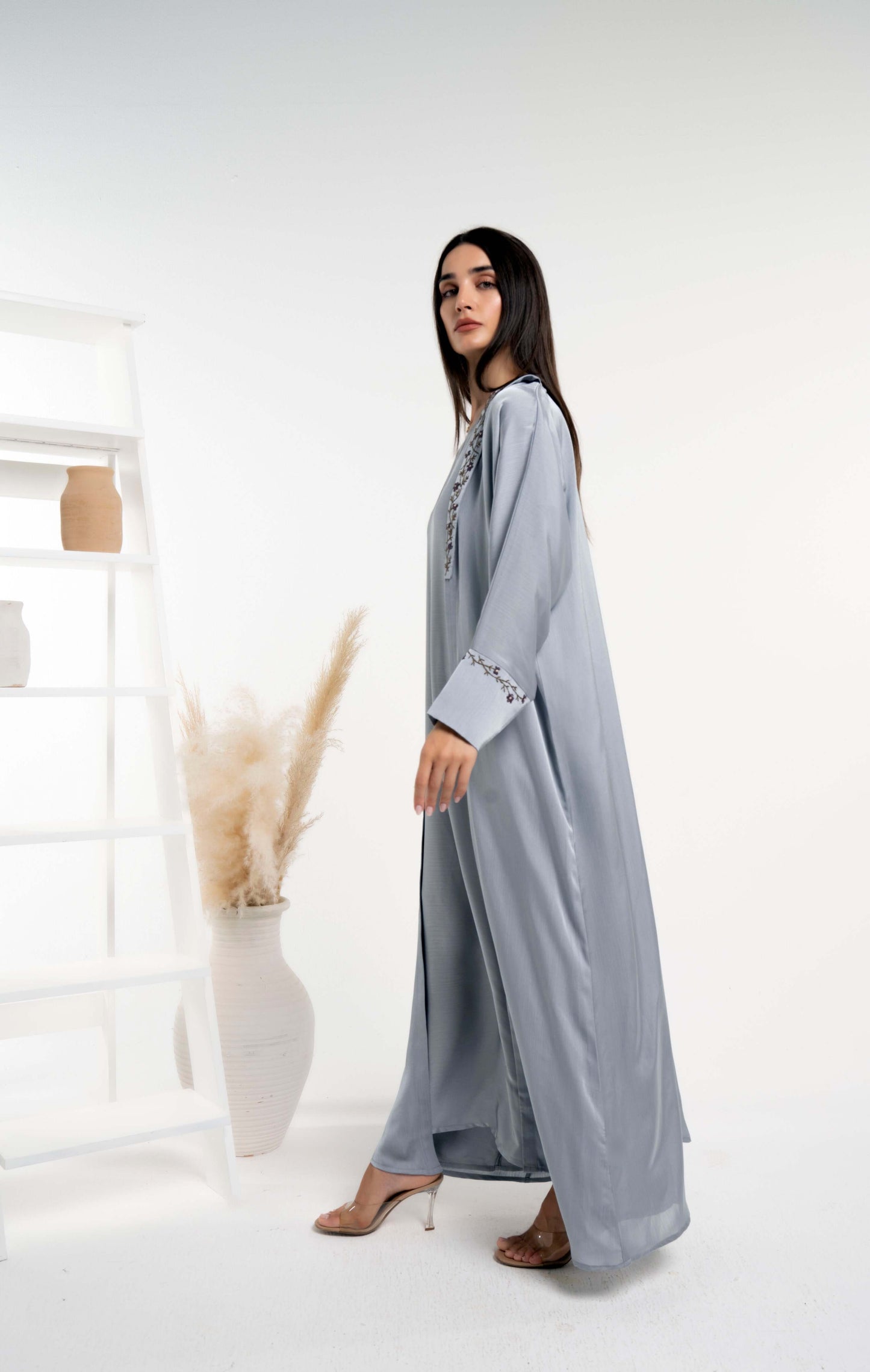 Silk satin abaya with floral embroidery on collar and cuff sleeves