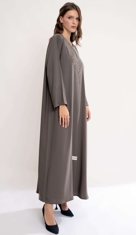 Overlap Beige Abaya With Floral Handwork Detailing