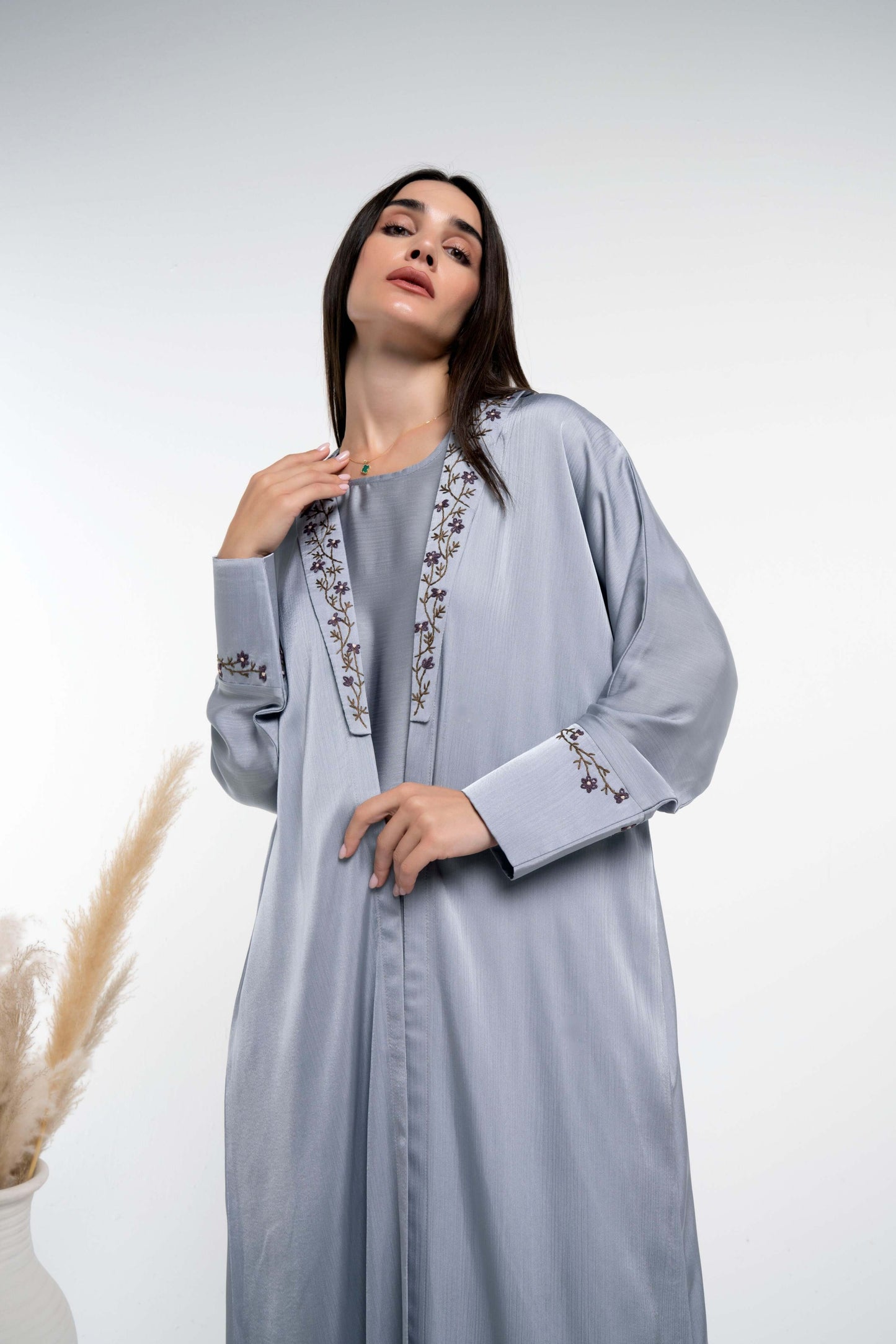 Grey Soft Silk Satin Bisht Abaya With Floral Embroidery On Collar And Cuff Sleeves