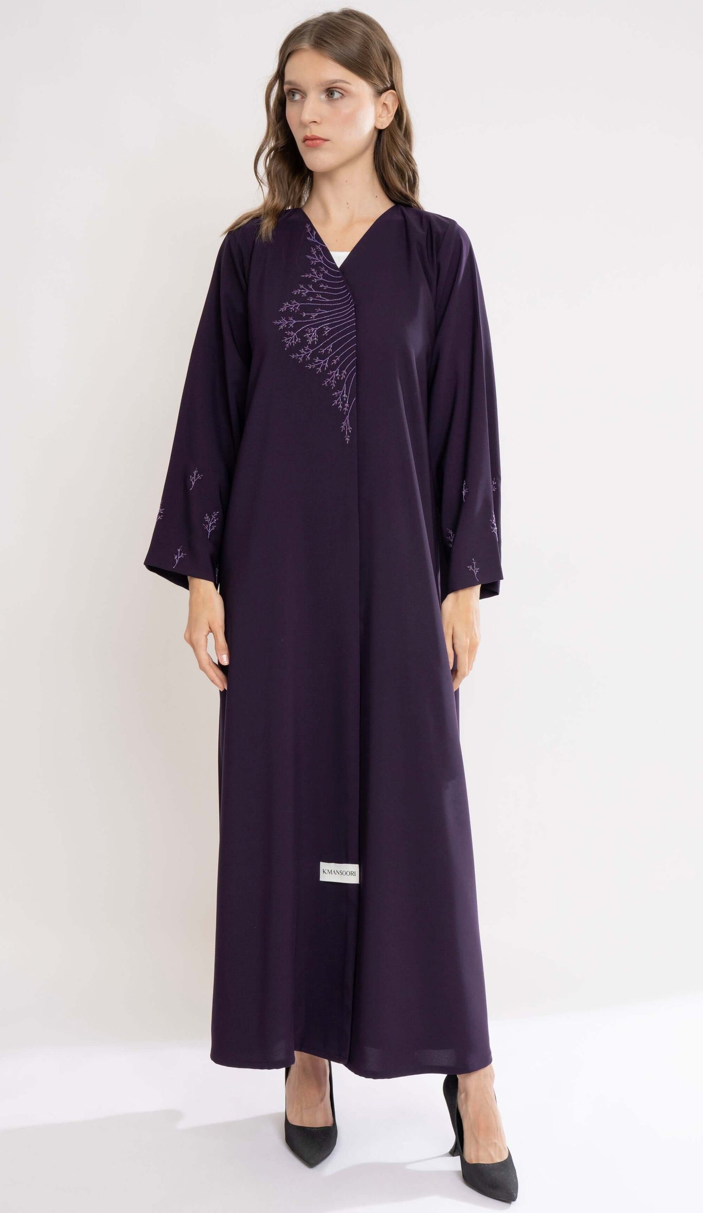 Overlap Purple Abaya With Floral Handwork Detailing