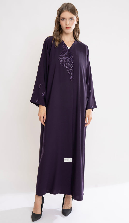 Elegant Purple Overlap Abaya with Floral Handcrafted Embellishments