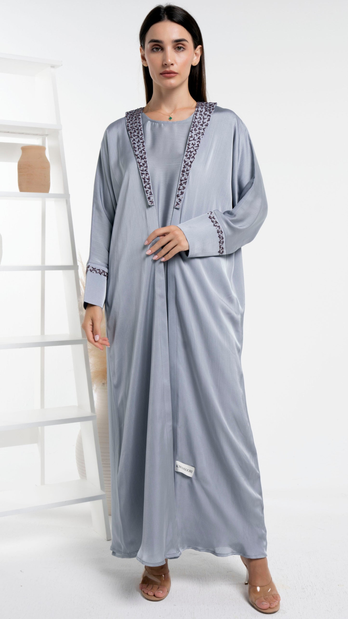 Grey abaya with floral embroidery for sale in Dubai