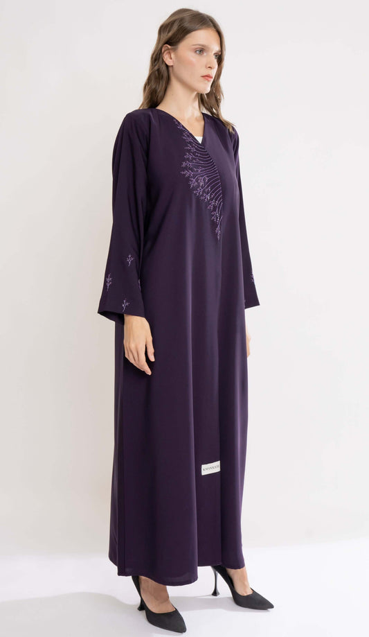 Overlap Purple Abaya With Floral Handwork Detailing