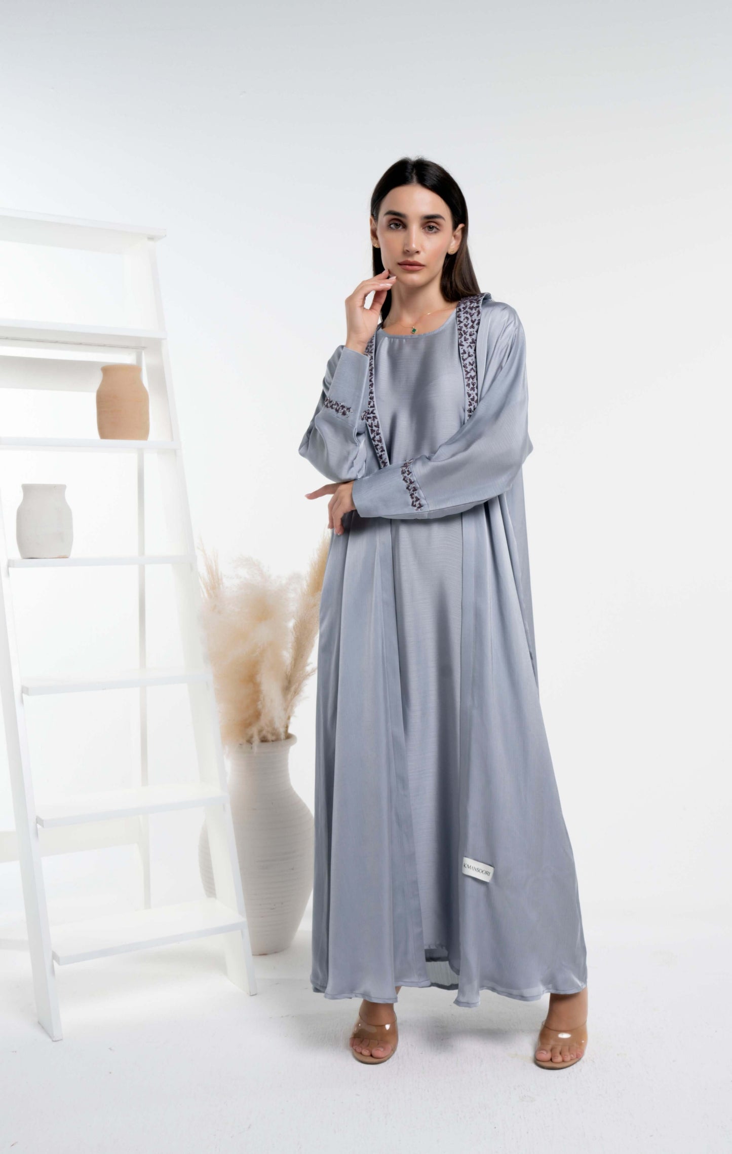 Silk satin grey abaya with floral embroidery on collar and cuff sleeves