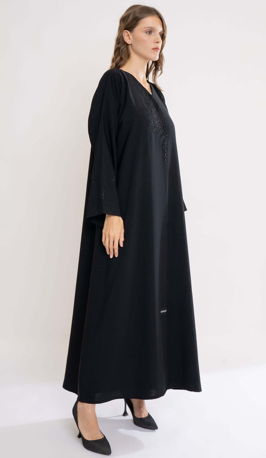 Overlap Black Abaya With Floral Handwork Detailing