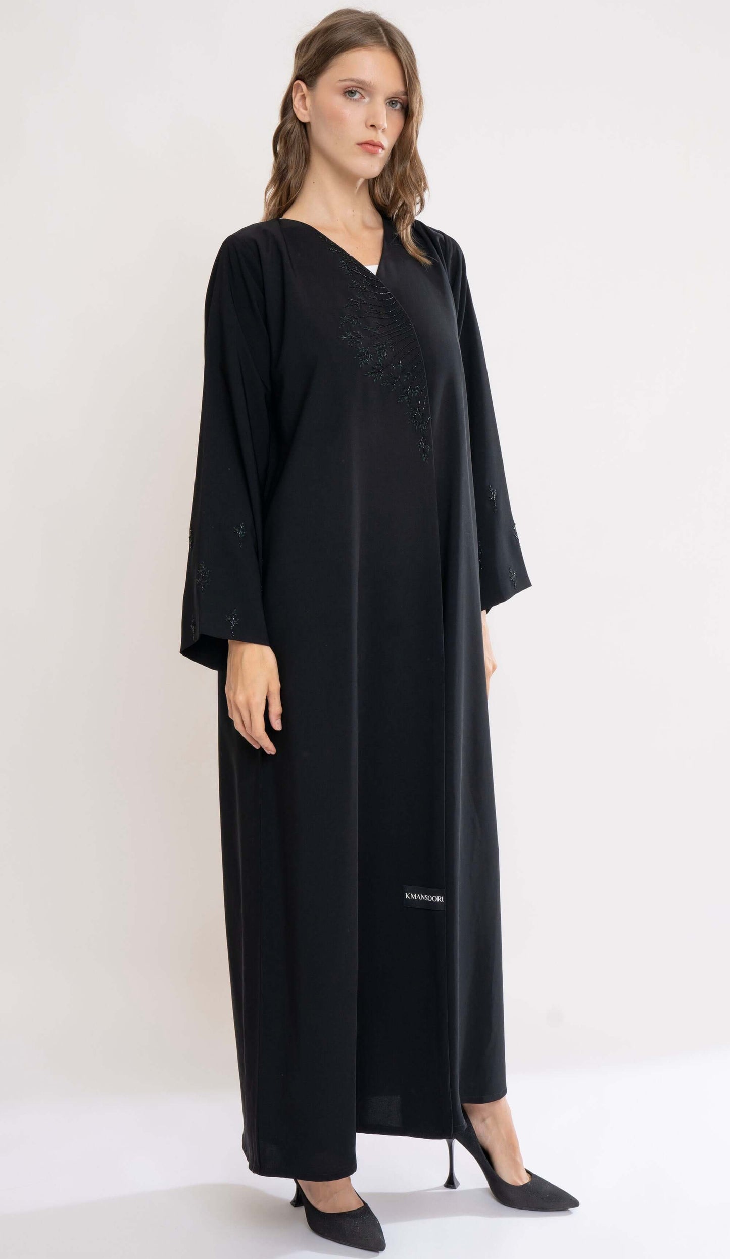 Overlap Black Abaya With Floral Handwork Detailing