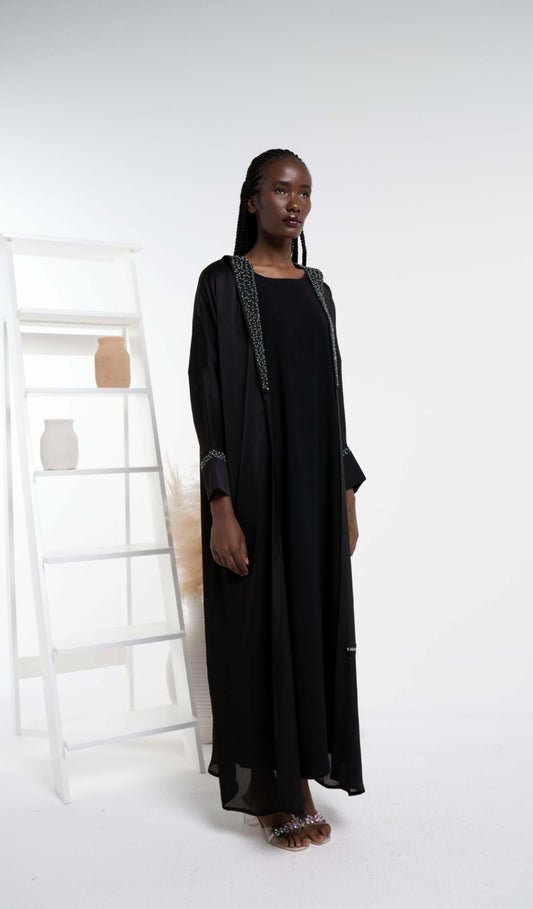 Soft Silk Satin Bisht Black Abaya With Floral Embroidery On Collar And Cuff Sleeves